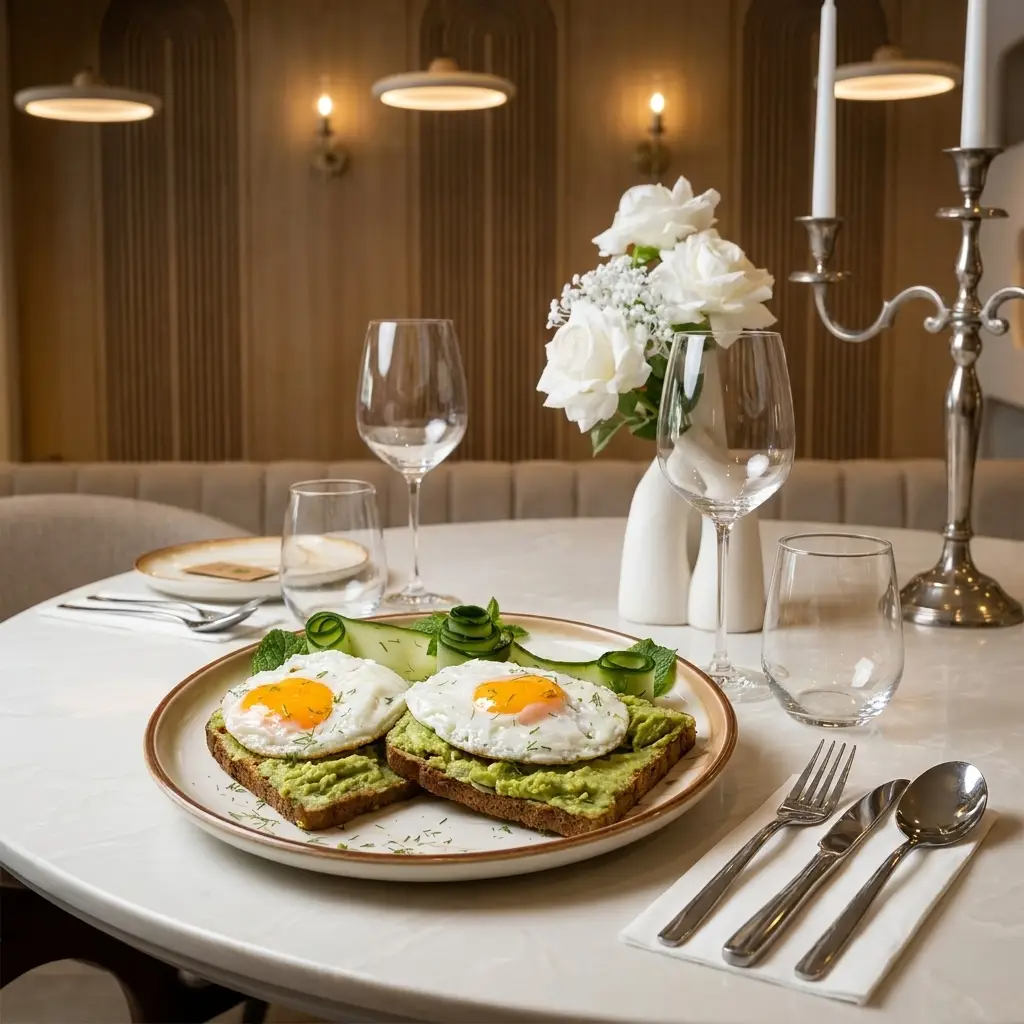 Persian breakfast of smashed avocado toast with fried eggs, cucumber ribbons and coffee in the Monsieur dining room