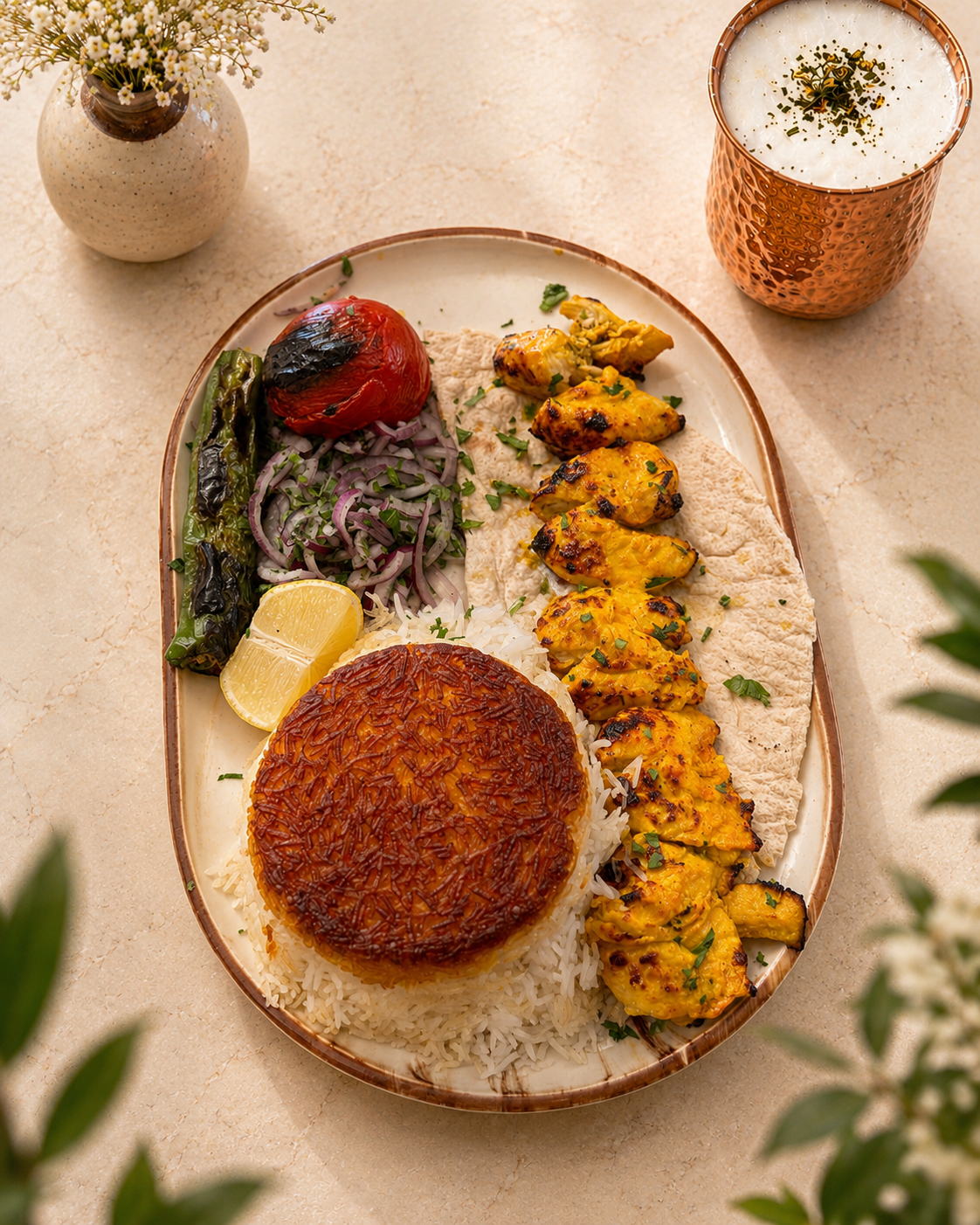 Jojeh kabab: marinated chicken skewers with crisp tahdig rice, grilled tomato, peppers, flatbread and a copper doogh