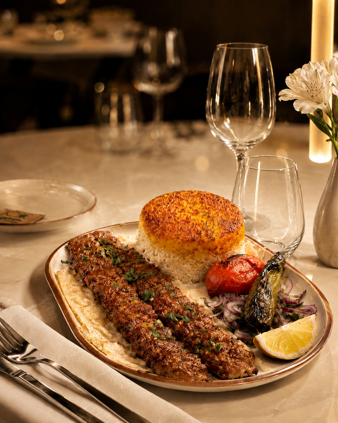Grilled koobideh minced lamb kebabs with golden tahdig rice, charred tomato and pepper