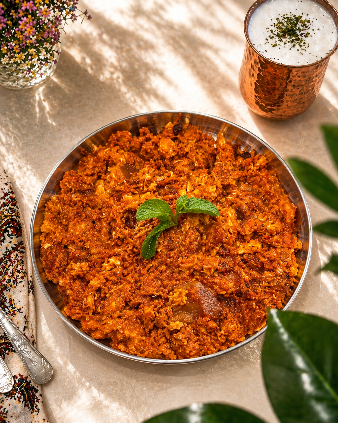 Mirza ghasemi smoky aubergine and tomato dip in a metal bowl, garnished with mint and served with a copper doogh