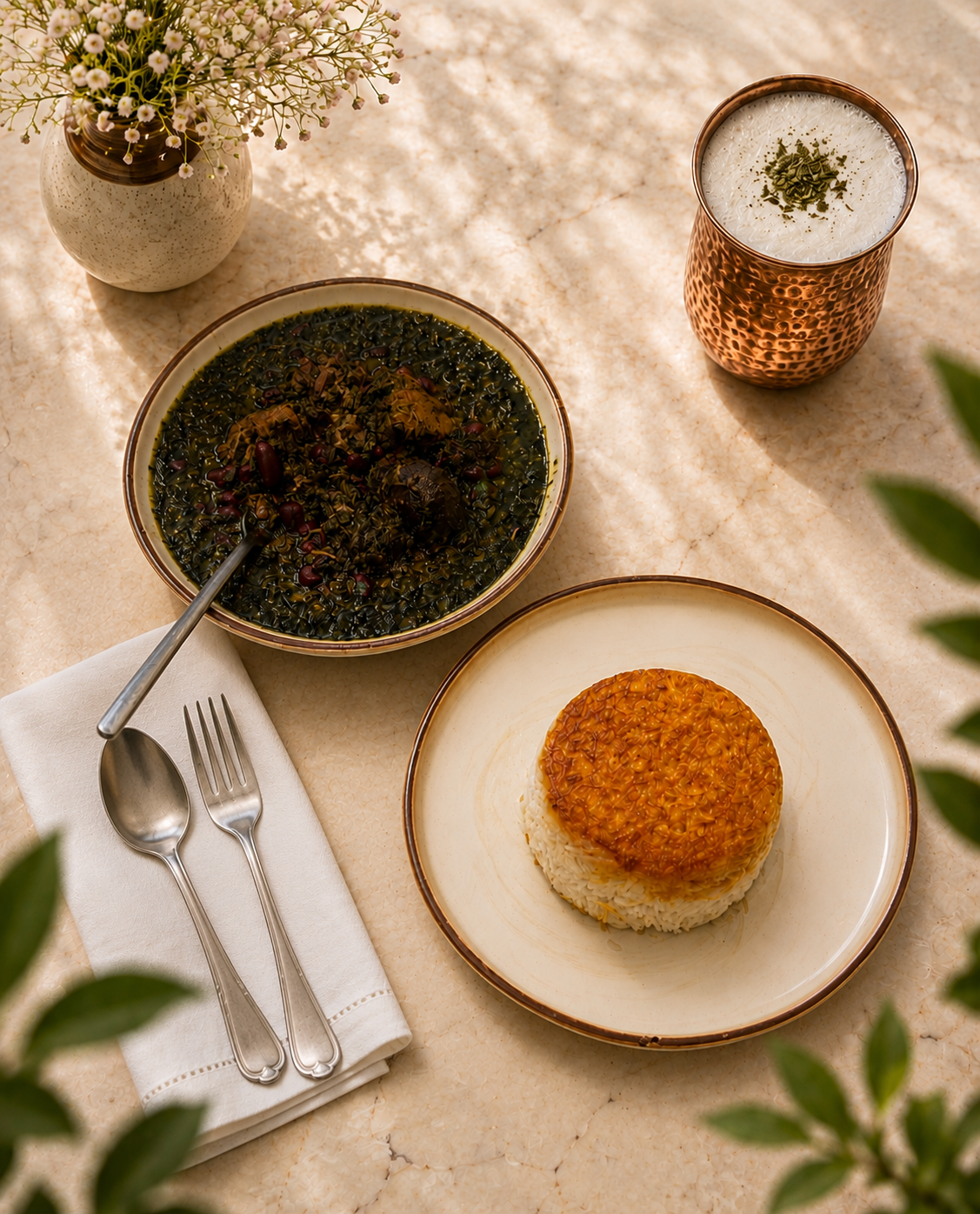 Ghormeh sabzi herb stew with dried lime, served with crisp golden tahdig rice