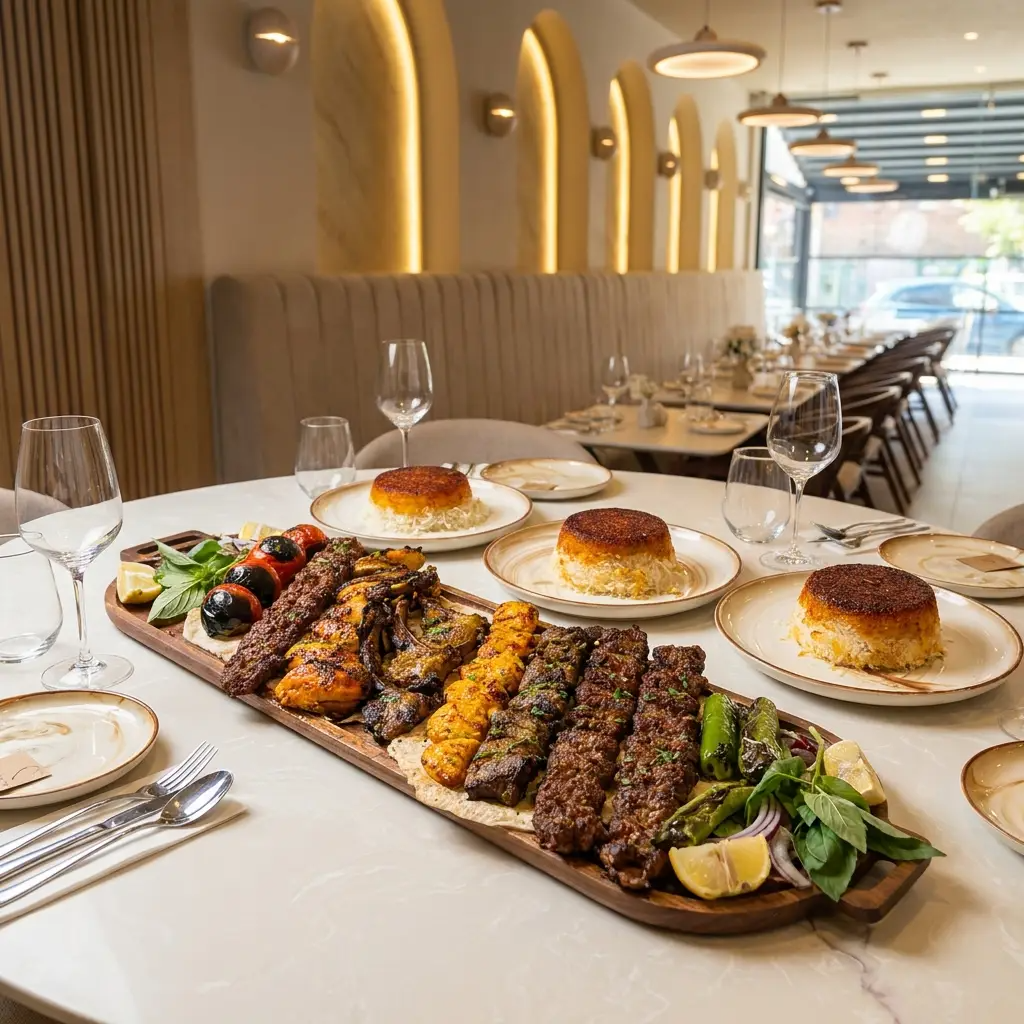 Mixed Persian grill platter with lamb and chicken kebabs, charred vegetables, tahdig rice and fresh herbs