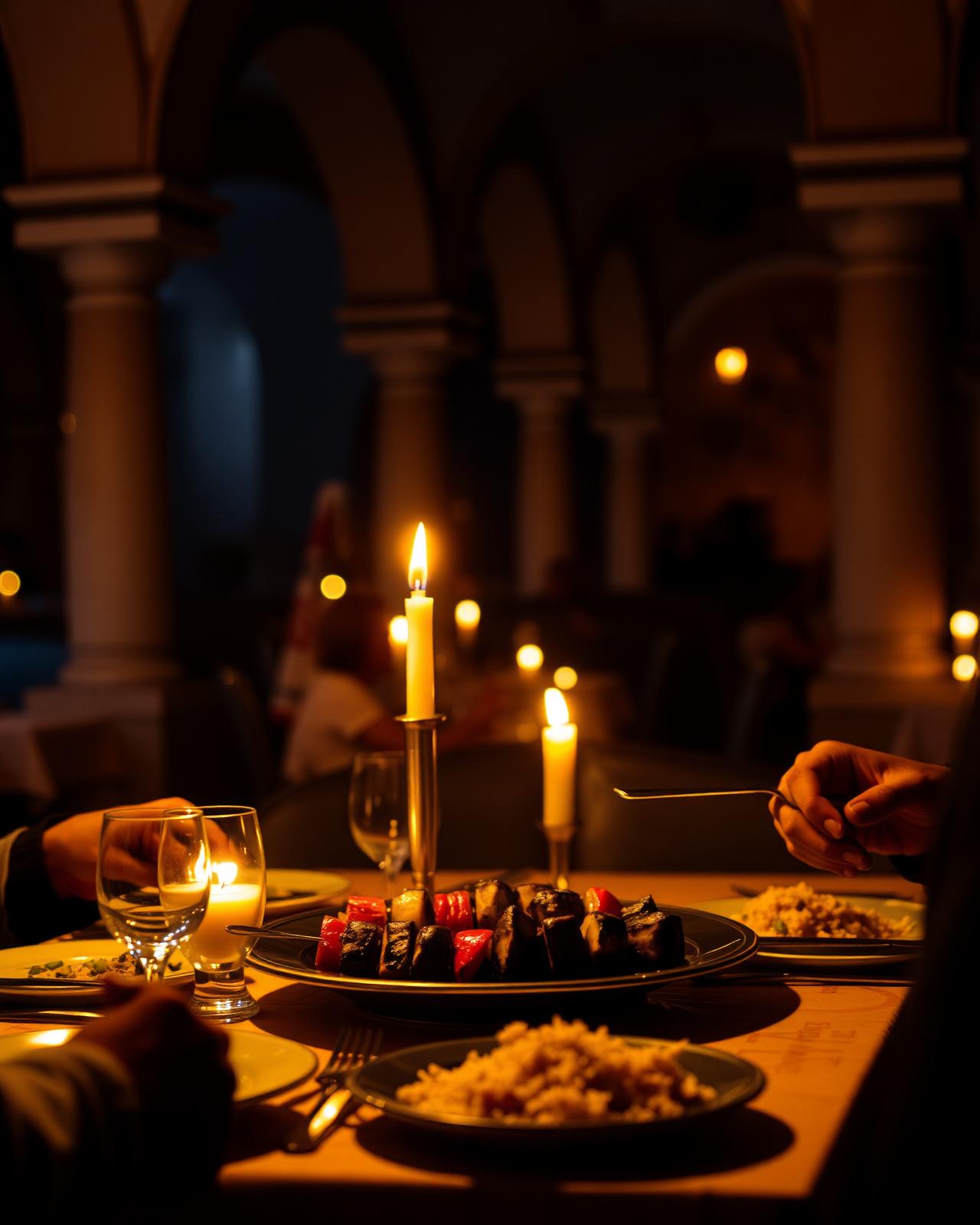 Candlelit dinner table with charcoal grilled kebabs beneath softly lit arches