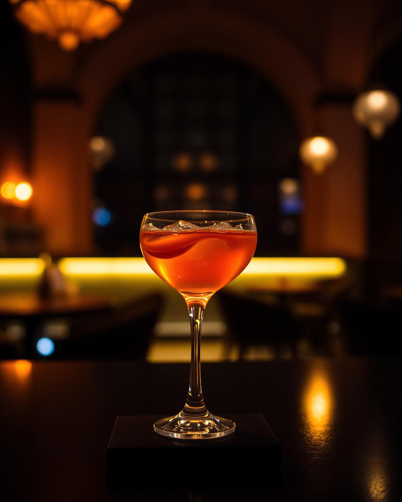 A saffron-hued cocktail on the lounge bar under low amber light